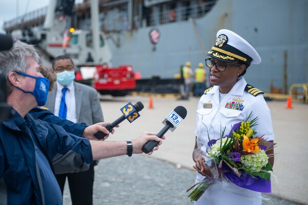 Cmdr. LaDonna Simpson, commanding officer of the amphibious dock landing ship USS Carter Hall (LSD 50) speaks with reporters about the recent Iwo Jima Amphibious Ready Group deployment.