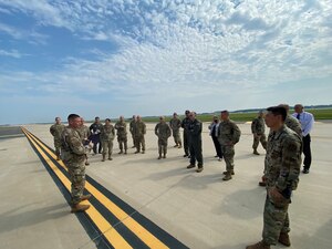 Senior leaders hear about the current status and major projects on the flightline known as “America’s Airfield” from subject matter experts (SMEs) representing joint partners at Joint Base Andrews during the first Senior Leader Airfield Tour (SLAT) at JBA, Md., Aug. 26, 2021.
