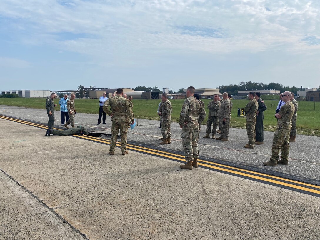 New commanders and Air Force District of Washington-led Airfield Sync Board (ASB) voting members gain visual awareness and understanding of the current status and major projects on the flightline known as “America’s Airfield” during the first Senior Leader Airfield Tour (SLAT) at Joint Base Andrews, Md., Aug. 26, 2021.