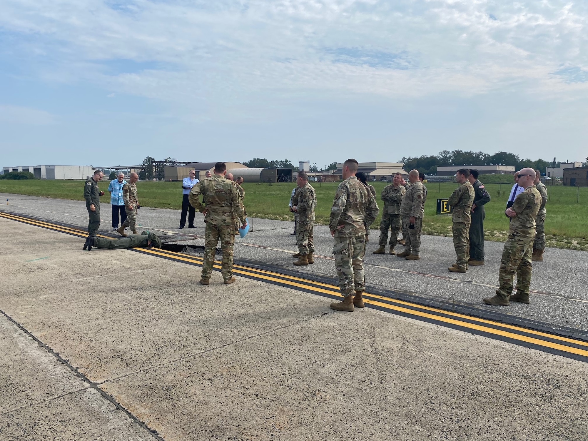New commanders and Air Force District of Washington-led Airfield Sync Board (ASB) voting members gain visual awareness and understanding of the current status and major projects on the flightline known as “America’s Airfield” during the first Senior Leader Airfield Tour (SLAT) at Joint Base Andrews, Md., Aug. 26, 2021.