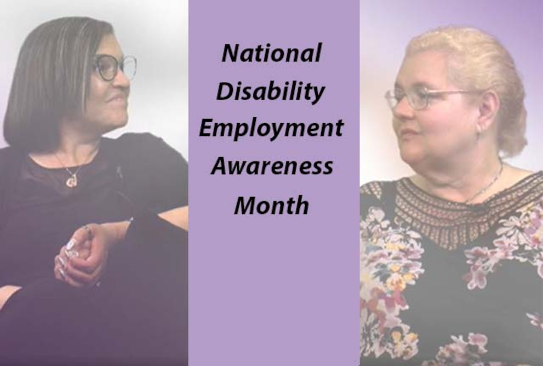 Two women and a banner in the center that says, "National Disability Employment Awareness Month."