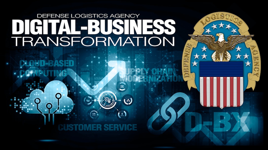 Text saying Digital-Business Transformation with the DLA emblem on a technology-related background