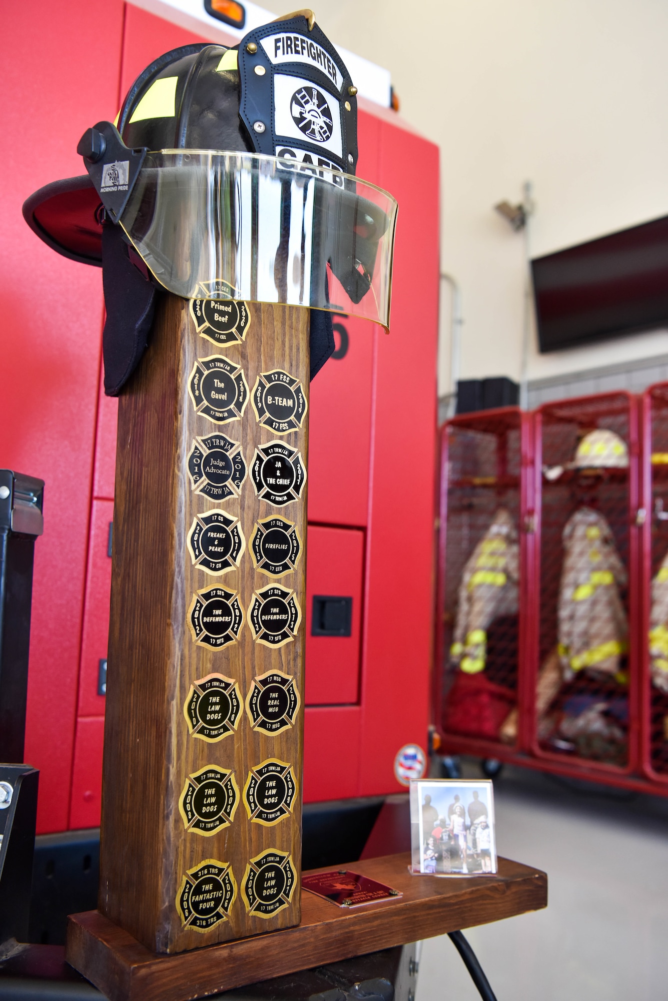 The Fire Muster Challenger Trophy rests in the Goodfellow Fire Department during the Annual Fire Muster Challenge on Goodfellow Air Force Base, Texas, Oct. 8, 2021. The 17th Civil Engineer Squadron competed the course with a winning time of 4:37:00. (U.S. Air Force photo by Senior Airman Jermaine Ayers)
