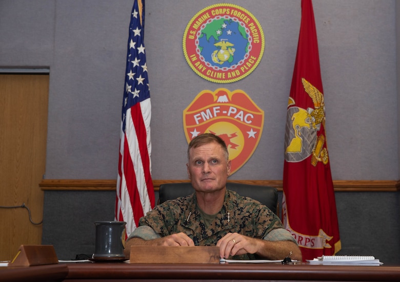 U.S. Marine Corps Lt. Gen. Steven R. Rudder, commander, U.S. Marine Corps Forces, Pacific, participates in a global video teleconference during the Pacific Amphibious Leaders Symposium 21.2 at Camp H.M. Smith, Hawaii, Oct. 6. This iteration of PALS brought senior leaders of allied and partner militaries together to discuss Marine Corps Force Design 2030, expeditionary advanced base operations, intermediate force capabilities, and ways to improve interoperability between partners within the Indo-Pacific region. A total of 20 allies and partners from Asia, Australia, Europe, South America, and North America participated in the symposium. PALS was conducted virtually for the second time to comply with COVID-19 mitigation efforts.