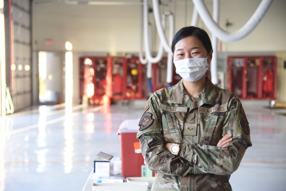 U.S. Air Force Senior Airman Angelina Lee, 17th Healthcare Operations Squadron aerospace allergy and immunization tech, poses for a photo.