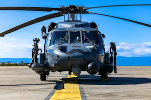 HH-60G Pave Hawk A6212, assigned to the 56th Rescue Squadron, sits on the runway after refueling at an airport in Croatia during its final flight before retirement, Sept. 23, 2021. A6212 is scheduled to be stripped of required components then mounted in front of the 56th Rescue Squadron, building 7300. (U.S. Air Force photo by Senior Airman Brooke Moeder)