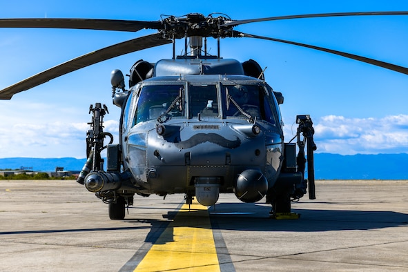 HH-60G Pave Hawk A6212, assigned to the 56th Rescue Squadron, sits on the runway after refueling at an airport in Croatia during its final flight before retirement, Sept. 23, 2021. A6212 is scheduled to be stripped of required components then mounted in front of the 56th Rescue Squadron, building 7300. (U.S. Air Force photo by Senior Airman Brooke Moeder)