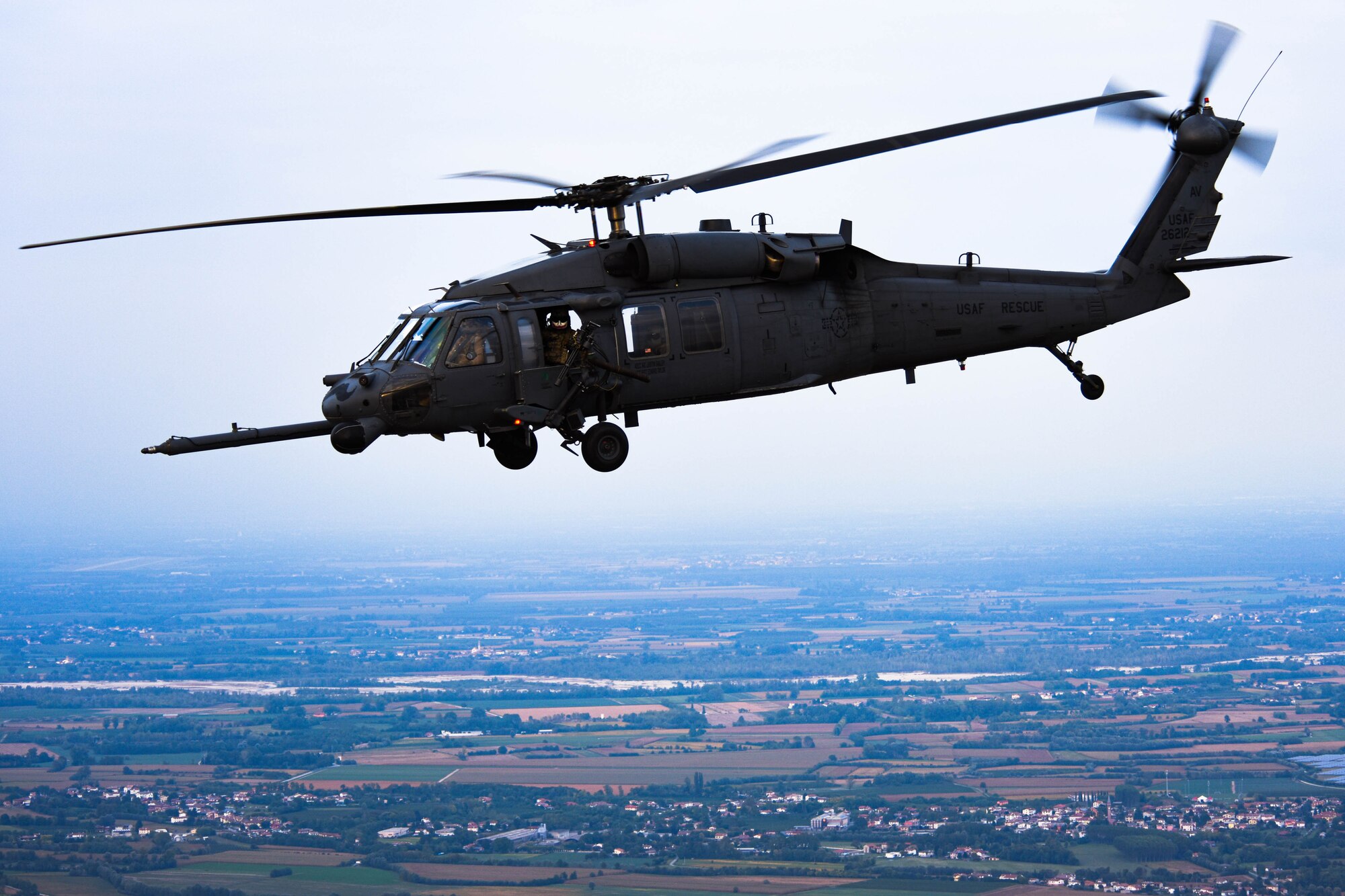 U.S. Air Force HH-60G Pave Hawk A6212 takes its final flight Sept. 23, 2021. A6212 has saved and assisted more than 958 lives and has flown 9,362.4 hours and has retired after 30 years of service. (U.S. Air Force photo by Senior Airman Brooke Moeder)