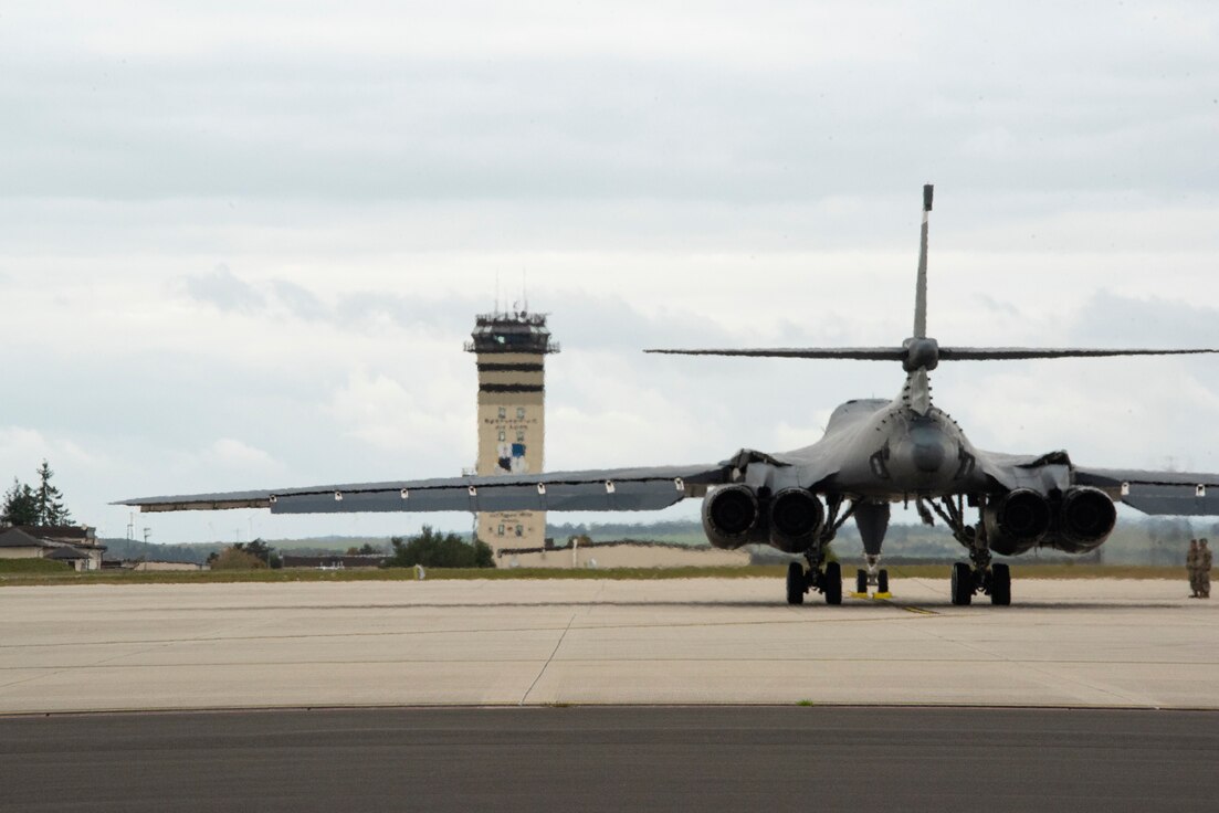 Two B-1B Lancers, from Dyess Air Force Base’s 9th Expeditionary Bomb Squadron currently operating from Royal Air Force Fairford, England, conduct hot pit refueling using the innovative Versatile Integrated Partner Equipment Refueling (VIPER) kit, at Spangdahlem Air Base, Germany, Oct. 11, 2021. This was in support of European Command’s Bomber task Force 22-1 mission support series using the VIPER kit, a hot pit refuel tool, supporting Agile Combat Employment operations. (U.S. Air Force photo by Staff Sgt. Chance Nardone)