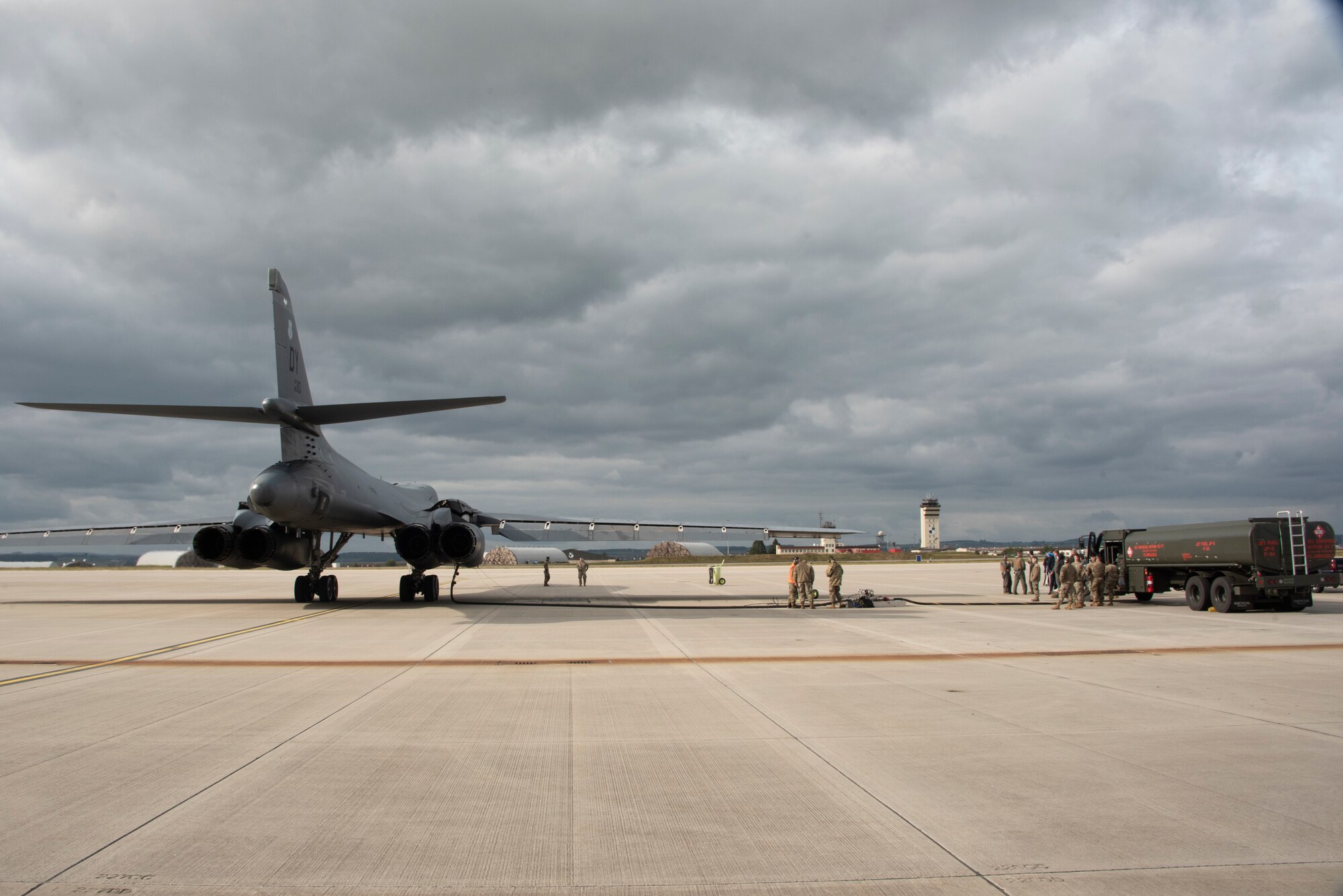 Two B-1B Lancers, from Dyess Air Force Base’s 9th Expeditionary Bomb Squadron currently operating from Royal Air Force Fairford, England, conduct hot pit refueling using the innovative Versatile Integrated Partner Equipment Refueling (VIPER) kit, at Spangdahlem Air Base, Germany, Oct. 11, 2021. This was in support of European Command’s Bomber task Force 22-1 mission support series using the VIPER kit, a hot pit refuel tool, supporting Agile Combat Employment operations. (U.S. Air Force photo by Staff Sgt. Chance Nardone)