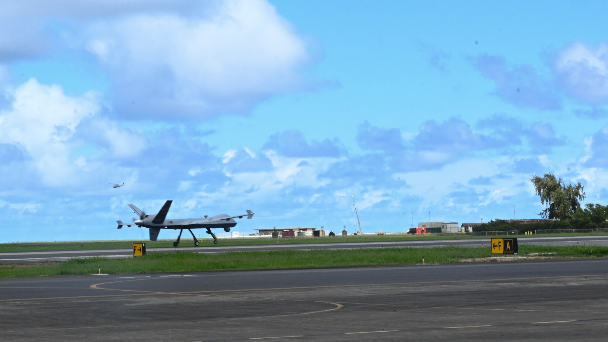 An MQ-9 Reaper takes off for the first sortie flight of Exercise Agile Combat Employment Reaper Sept. 15, 2021, on Marine Corps Base Hawaii. The purpose of this exercise is to demonstrate the MQ-9 assets and the ability to rapidly mobilize and integrate across multiple domains. (U.S. Air Force photo by Airman 1st Class Adrian Salazar)