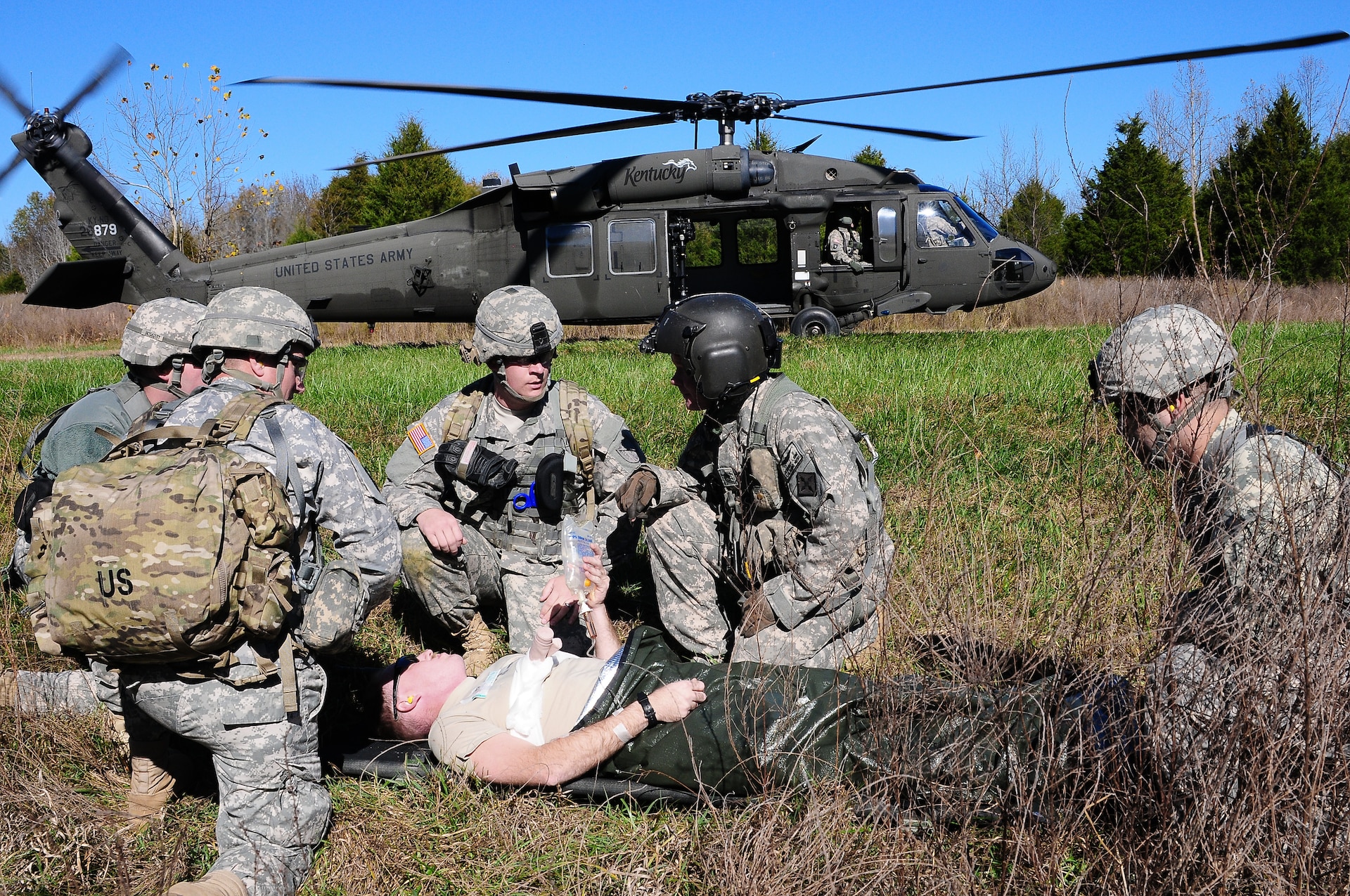 According to the sustainment training staff, this practical exercise and the use of UH-60 Black Hawk medevac helicopters is unique to the Kentucky National Guard