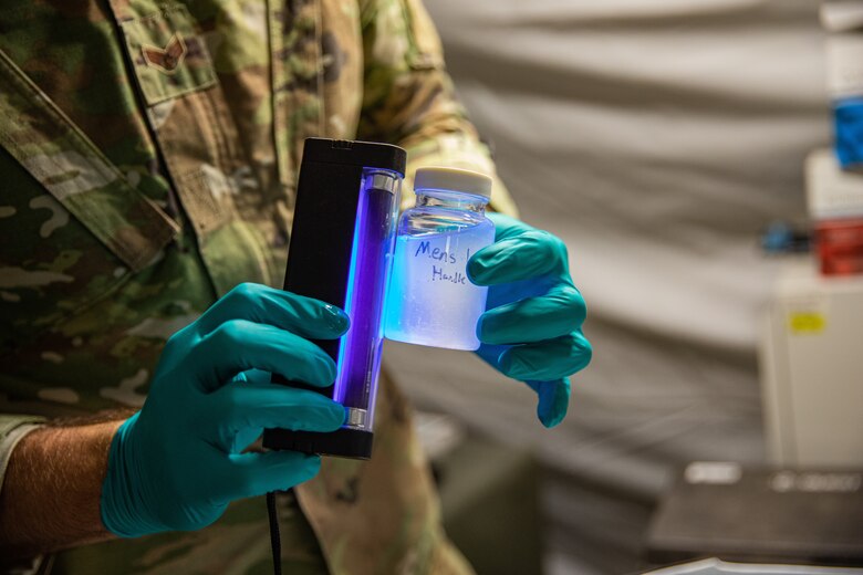 Senior Airman Ethan Dennis, a bioenvironmental engineer attached to Task Force Holloman, tests the water on Holloman Air Force Base, New Mexico, Oct. 7, 2021. The Department of Defense, through U.S. Northern Command, and in support of the Department of Homeland Security, is providing transportation, temporary housing, medical screening, and general support for at least 50,000 Afghan evacuees at suitable facilities, in permanent or temporary structures, as quickly as possible. This initiative provides Afghan personnel essential support at secure locations outside Afghanistan. (U.S. Army photo by Pfc. Anthony Sanchez)