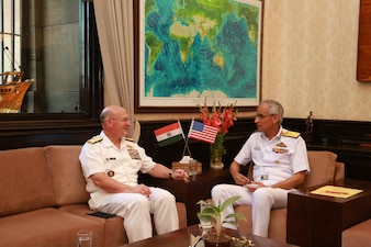 NEW DELHI (Oct. 12, 2021) Chief of Naval Operations (CNO) Adm. Mike Gilday, left, meets with Chief of Naval Staff, Indian Navy Adm. Karambir Singh. Gilday is in India to meet with Singh and other senior leaders from the Indian Navy and government. (Photo courtesy of U.S. State Department/Released)