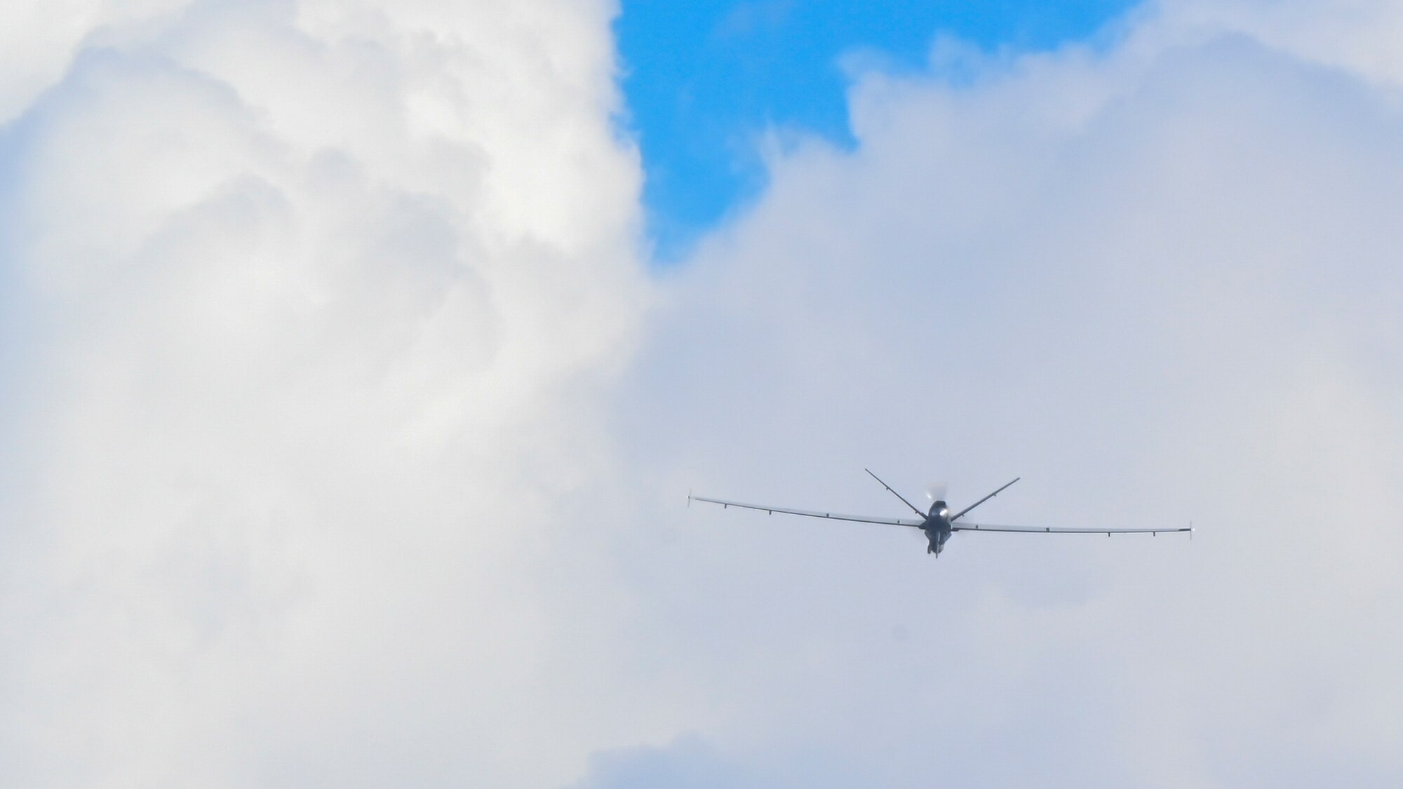 An MQ-9 Reaper at Exercise Agile Combat Employment Reaper flies a local sortie, Sept. 20, 2021, Marine Corps Base Hawaii. Exercise ACE Reaper is an opportunity to conduct training with joint partners in a maritime environment and in a different airspace. (U.S. Air Force photo by Airman 1st Class Adrian Salazar)