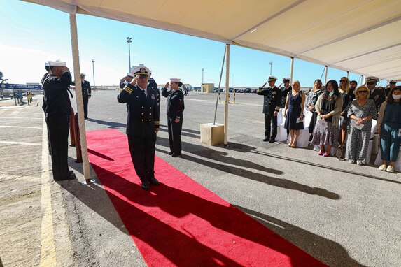 Naval Station Rota, Spain (Oct. 8, 2021) Cdr. Thomas Ralston, commanding officer onboard the Arleigh Burke-class guided-missile destroyer USS Porter (DDG 78), salutes side boys during the change of command ceremony, Oct. 8, 2021.