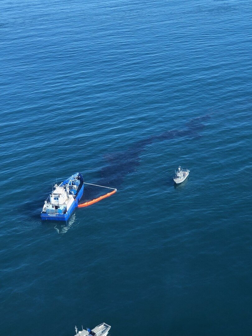 Crude oil is shown in the Pacific Ocean offshore of Orange County, Oct. 3, 2021.

A unified command has been established to respond to and clean up the oil spill off the California coast.

Official U.S. Coast Guard photo.