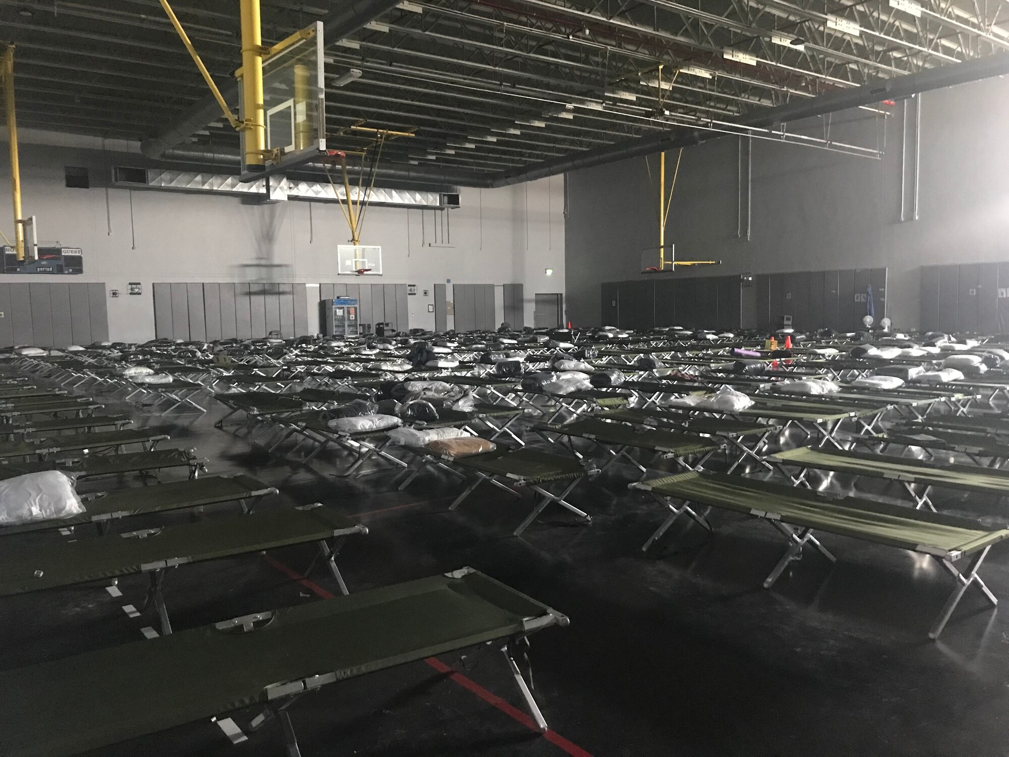 Cots are spread out on a basketball court at one of the gyms at Al Udeid Air Base, Qatar.