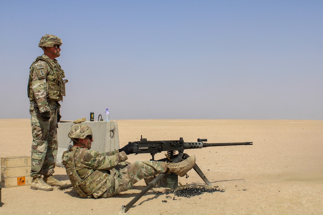 Left to right: 1st Sgt Gregory Rinkes and Spc Nicolas Flores, assigned to Forward Support Company, Task Force Iron Valor, shooting the M2 .50 Cal familiarization fire on October 6, 2021 at the Udari Range Complex, Kuwait. Soldiers must ensure they are familiar with crew served weapons and proficient in firing different weapons system. (U.S. Army National Guard photo by Sgt. Chalotorn Cheangnangam)