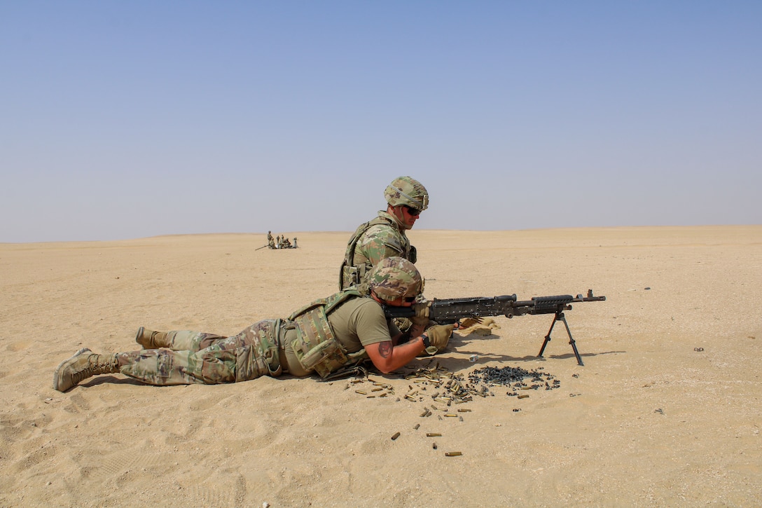 Left to right: Spc Ernesto Baerga and 1st Lt Hunter Robinson, assigned to Forward Support Company, Task Force Iron Valor, shooting the M240B familiarization fire on October 6, 2021 at the Udari Range Complex, Kuwait. Soldiers must ensure they are familiar with crew served weapons and proficient in firing different weapons system. (U.S. Army National Guard photo by Sgt. Chalotorn Cheangnangam)