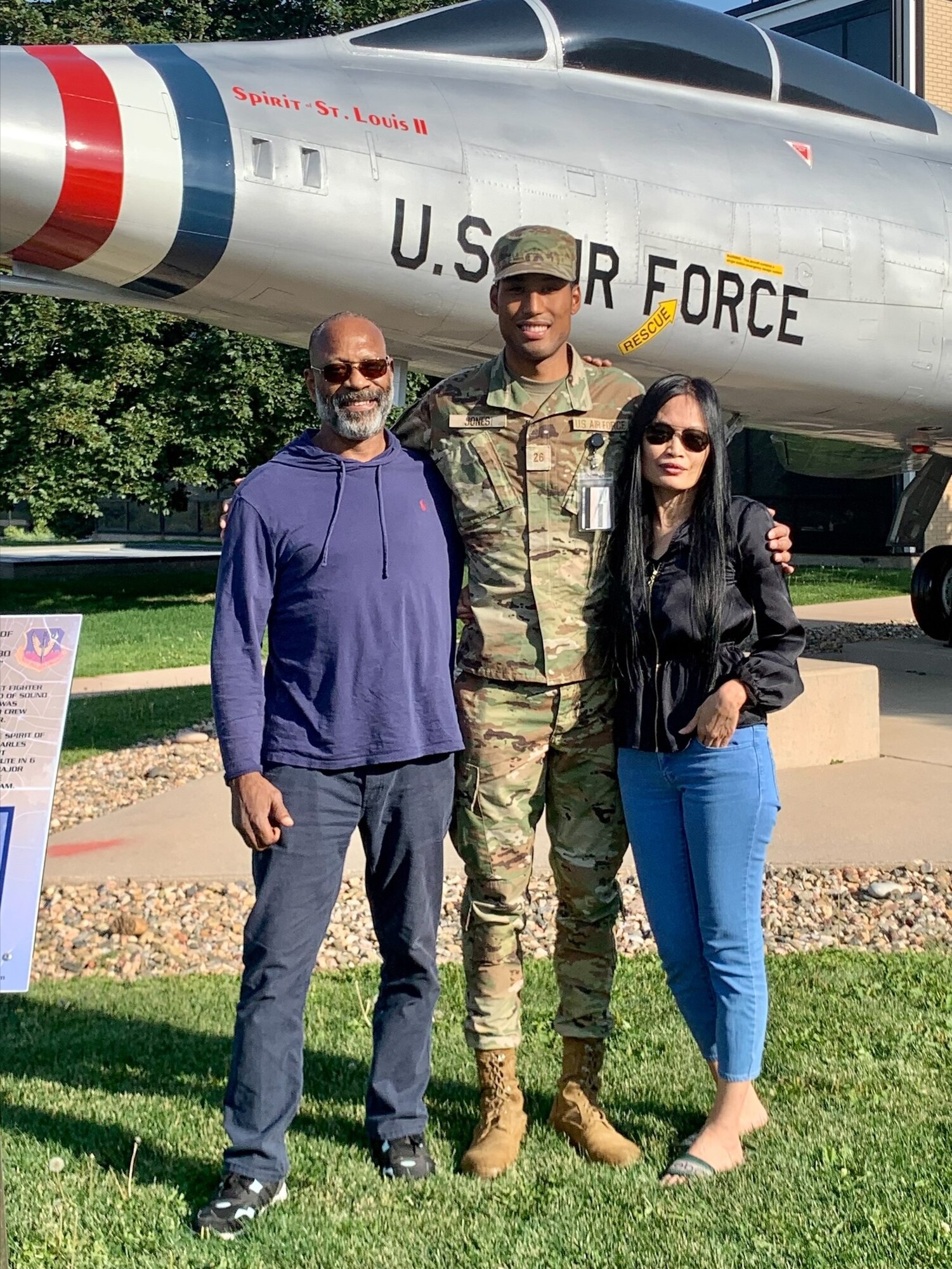 Cadet Candidate Solomon Jones poses for a photo with his father, Keith Jones, and mother, Moean Tamkanson Jones, at the U.S. Air Force Academy Preparatory School.