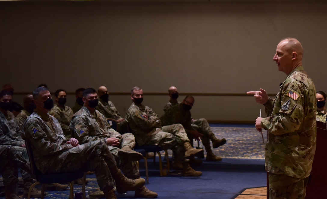 Lt. Gen. Michael Guetlein, Space Systems Command’s first commander, spoke at an all call, Oct. 6, 2021 on Vandenberg Space Force Base, Calif. (U.S. Space Force photo by Airman First Class Tiarra Sibley)