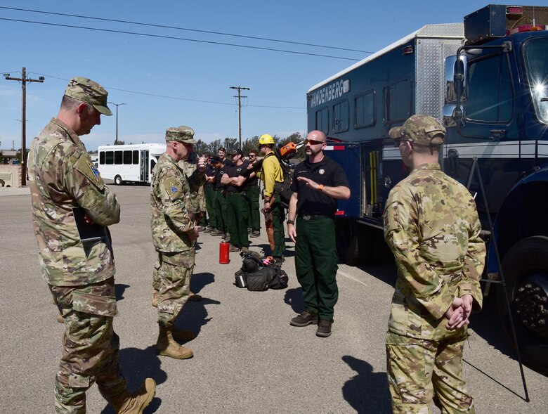 Col. Robert Long, Space Launch Delta 30 commander, and Lt. Gen. Michael Guetlein, Space Systems Command’s first commander, spoke with Vandenberg Wildland Firefighters hand crew during his visit, Oct. 6, 2021, Vandenberg Space Force Base, Calif. (U.S. Space Force photo by Airman First Class Tiarra Sibley)