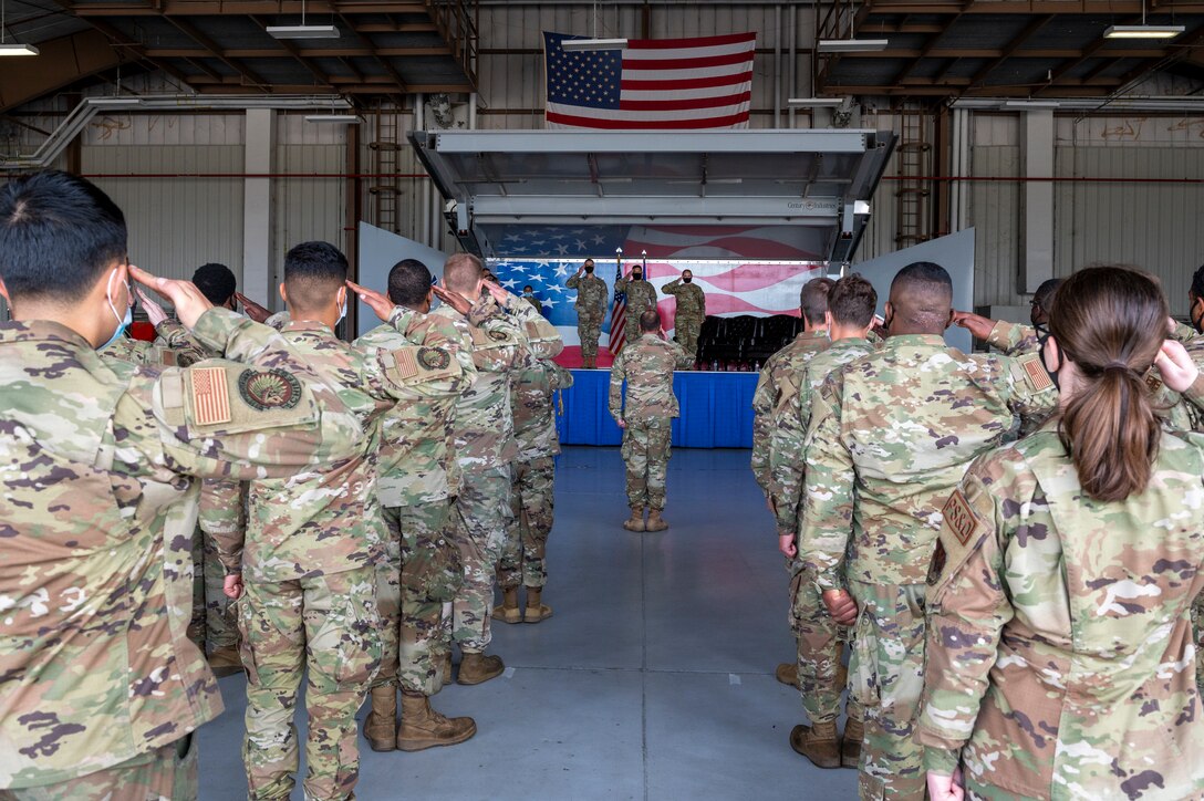 Commanders from the Fighter Generation Squadrons render their first salute during the FGS’s activation ceremony at Seymour Johnson Air Force Base, North Carolina, Sept. 29, 2021.
