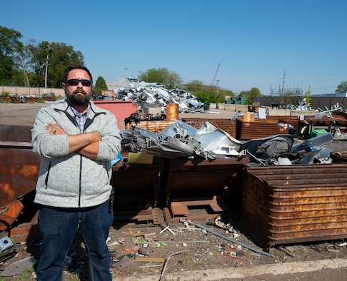 Thomas Doucette, 88th Force Support Squadron Recycling Center manager, is pictured in the facility’s metal yard at Wright-Patterson Air Force Base, Ohio, on Sept. 27, 2021. Recycling personnel sort through and collect 11 different types of metal, including steel, aluminum and copper. (U.S. Air Force photo by R.J. Oriez)