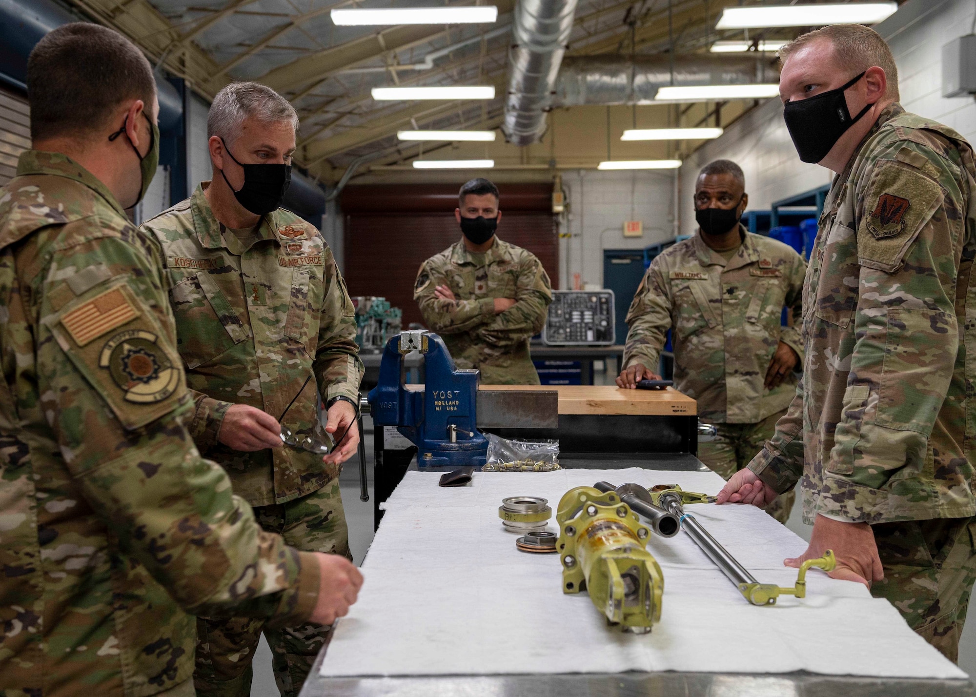 U.S. Air Force Maj. Gen. Michael G. Koscheski, Fifteenth Air Force commander, visits the Hydraulics Flight at Seymour Johnson Air Force Base, North Carolina, Sept. 28, 2021.