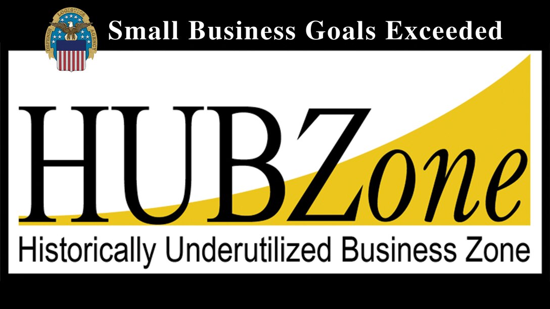 Graphic with DLA logo with text reading "Small Business Goals Exceeded - HUBZone - Historically Underutilized Business Zone."