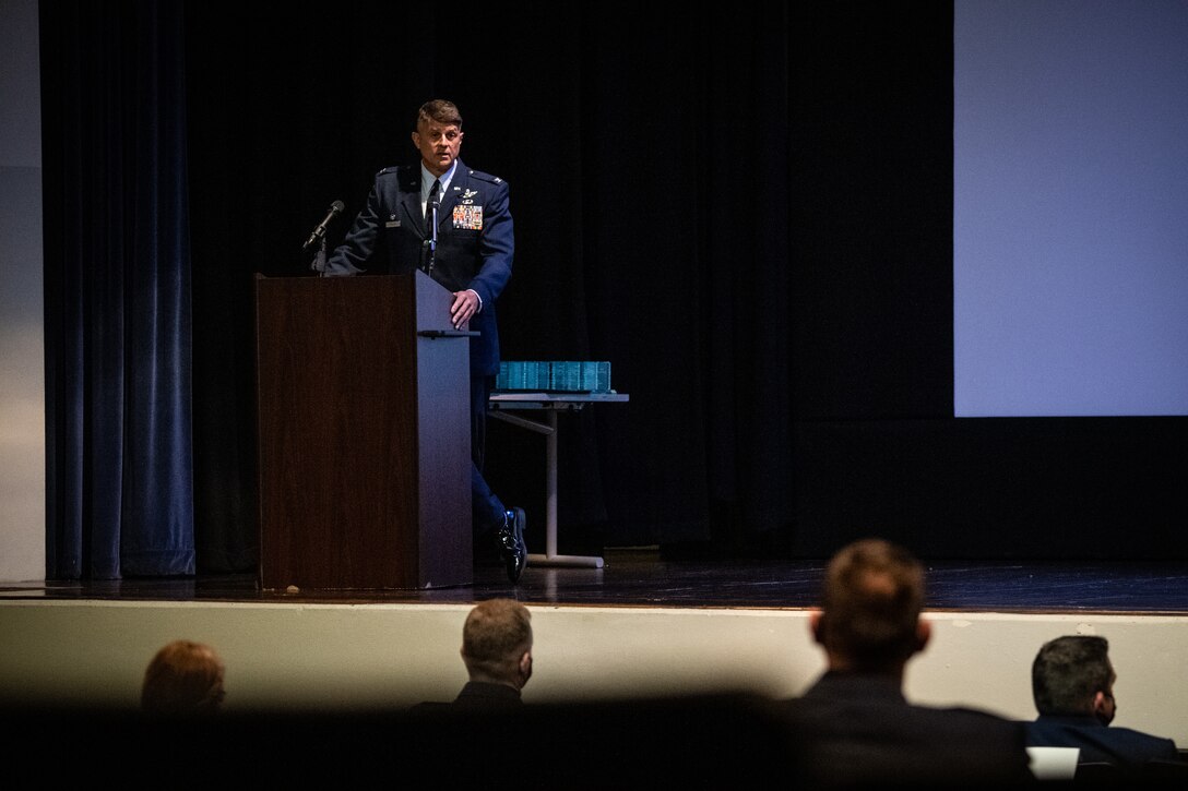 Col. Glenn Collins, 932nd Airlift Wing, commander, speaks during the honorary commanders induction ceremony, Scott Air Force Base, Illinois, October 3, 2021. The Honorary Commanders program serves as a platform to connect the region’s civic leaders with profession of arms. (U.S. Air Force photo by Master Sgt. Christopher Parr)