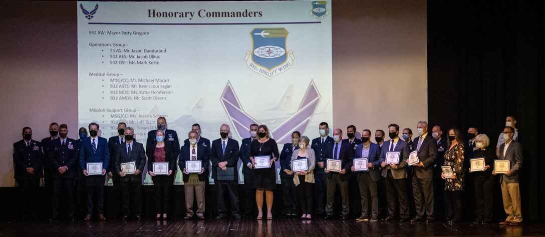 932nd Airlift Wing Honorary Commanders and their commanders pose for a group photo, Scott Air Force Base, Illinois, October 3, 2021. The Honorary Commanders program serves as a platform to connect the region’s civic leaders with profession of arms. (U.S. Air Force photo by Master Sgt. Christopher Parr)