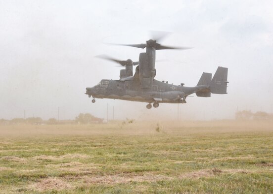 A CV-22 Osprey from Cannon Air Force Base, N.M., prepares to land