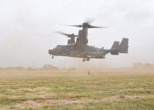 A CV-22 Osprey from Cannon Air Force Base, N.M., prepares to land