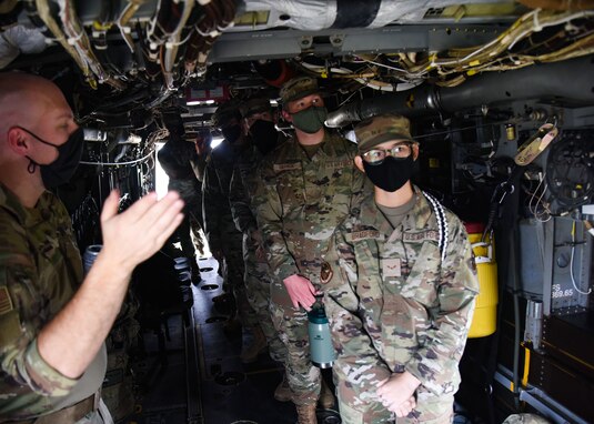 U.S. Air Force Tech. Sgt. Brady Gallagher, 20th Special Operations Squadron special missions aviator, briefs Goodfellow students on the various capabilities of the CV-22 Osprey