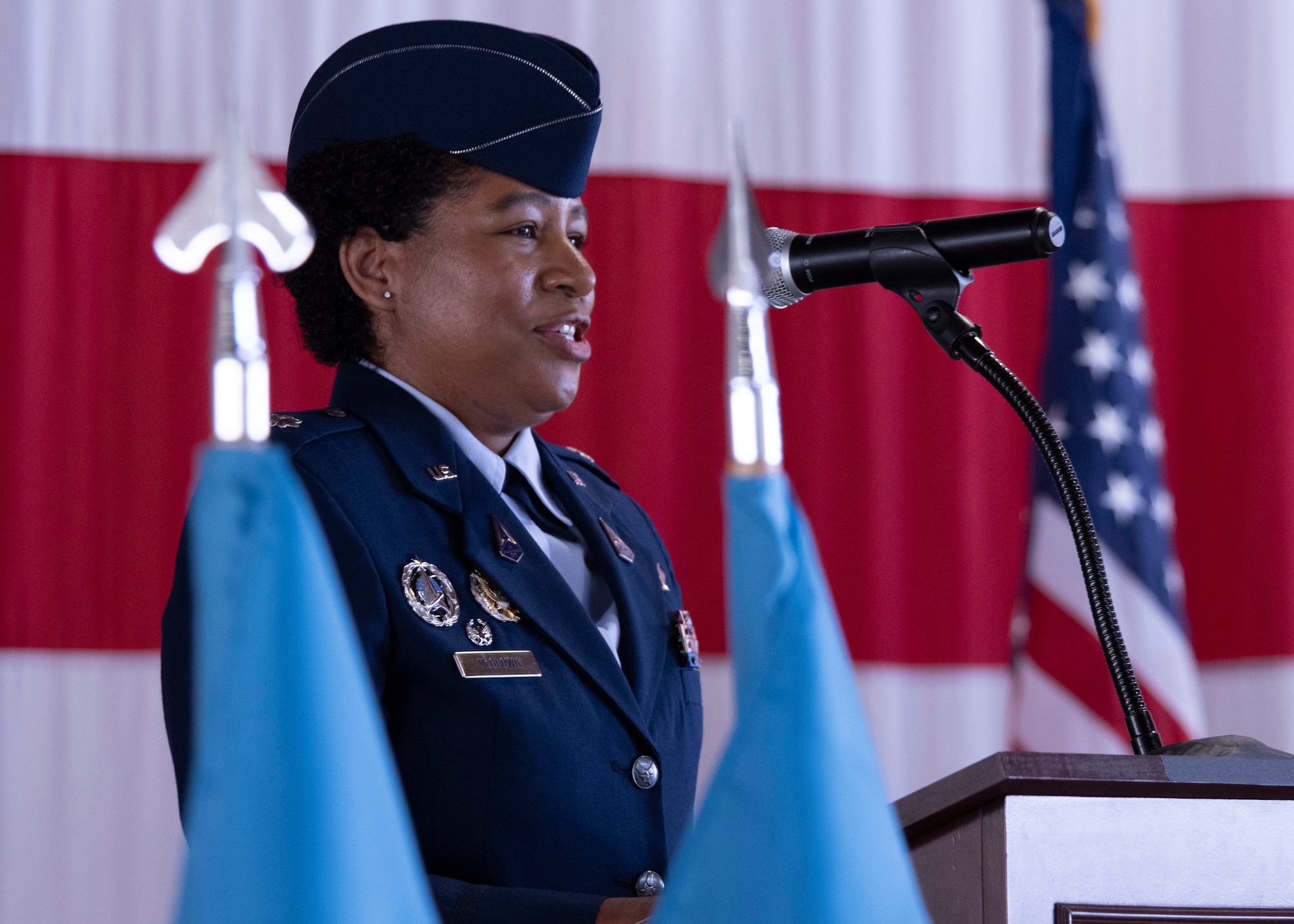 PETERSON SPACE FORCE BASE, Colo. – U.S. Space Force Lt. Col. Jonisa A. McGlown, Delta 10 Operations Squadron commander, addresses the audience during the activation ceremony at Peterson Space Force Base, Colorado, Sept. 30, 2021. In her speech, she acknowledged her peers and family members who had a significant impact on her career attributing her selection for command with their influence including her father who served in the Air Force as a major. (U.S. Space Force photo by Staff Sgt. Matthew Coleman-Foster)