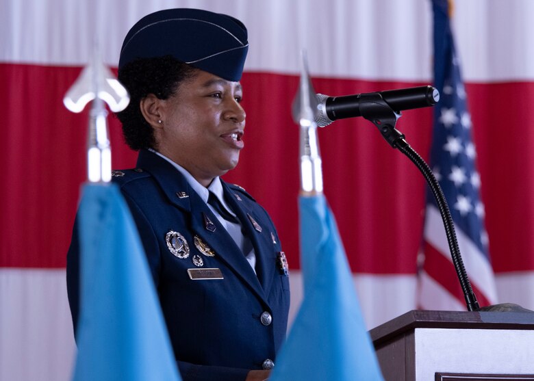 PETERSON SPACE FORCE BASE, Colo. – U.S. Space Force Lt. Col. Jonisa A. McGlown, Delta 10 Operations Squadron commander, addresses the audience during the activation ceremony at Peterson Space Force Base, Colorado, Sept. 30, 2021. In her speech, she acknowledged her peers and family members who had a significant impact on her career attributing her selection for command with their influence including her father who served in the Air Force as a major. (U.S. Space Force photo by Staff Sgt. Matthew Coleman-Foster)