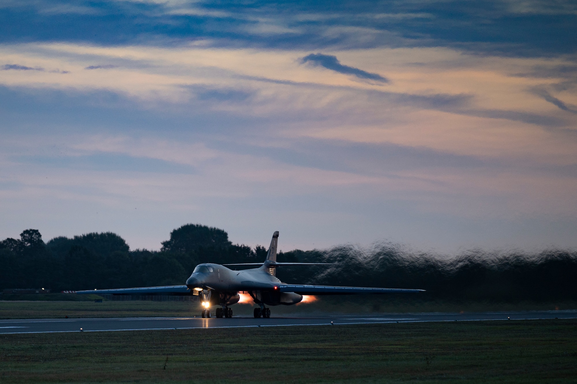 A B-1B Lancer assigned to the 9th Expeditionary Bomb Squadron takes off at RAF Fairford, United Kingdom, to conduct a Bomber Task Force Europe mission over the Baltic Sea region, Oct. 11, 2021. The mission focused on enhancing readiness and interoperability with Allied Joint Terminal Attack Controllers from Lithuania. (U.S. Air Force photo by Senior Airman Colin Hollowell)
