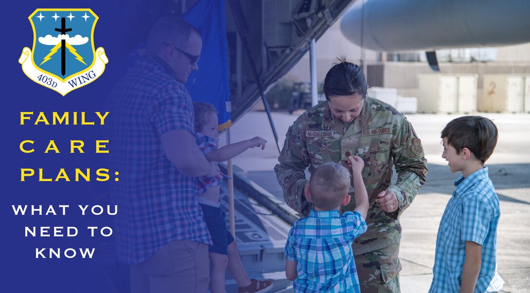 Maj. Linda McCullough, executive officer for the 403rd Wing at Keesler Air Force Base, Miss., celebrates her promotion to major with her family Aug. 7, 2021. As a dual military household, McCullough is required to have a Family Care Plan in place should something happen that requires her and/or her spouse's absence. (U.S. Air Force graphic by Staff Sgt. Kristen Pittman)