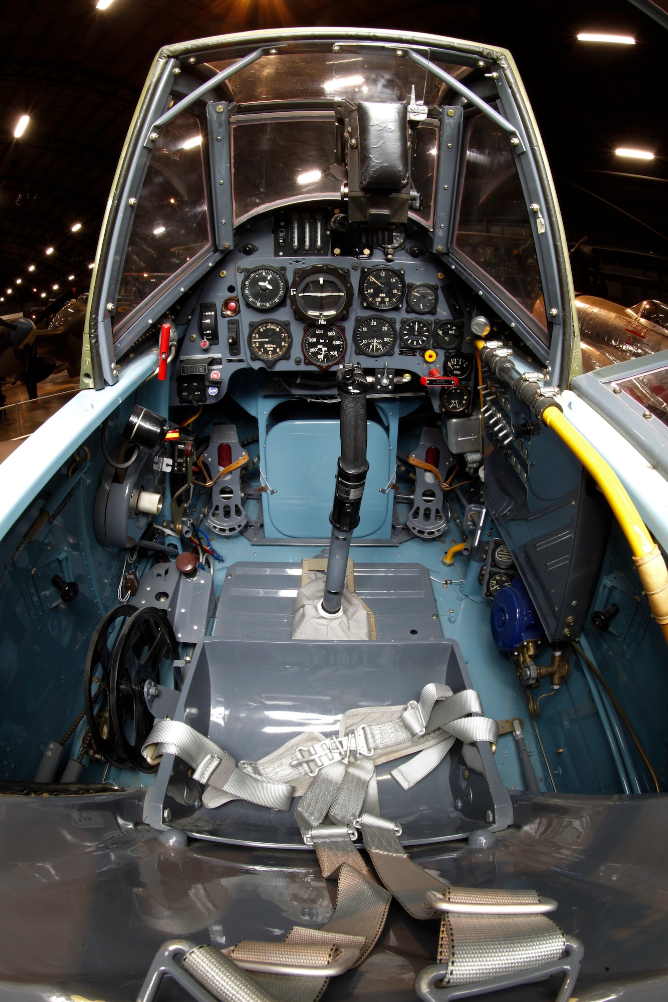 Cockpit view of the Messerschmitt Bf 109G-10 in the National Museum of the U.S. Air Force World War II Gallery.