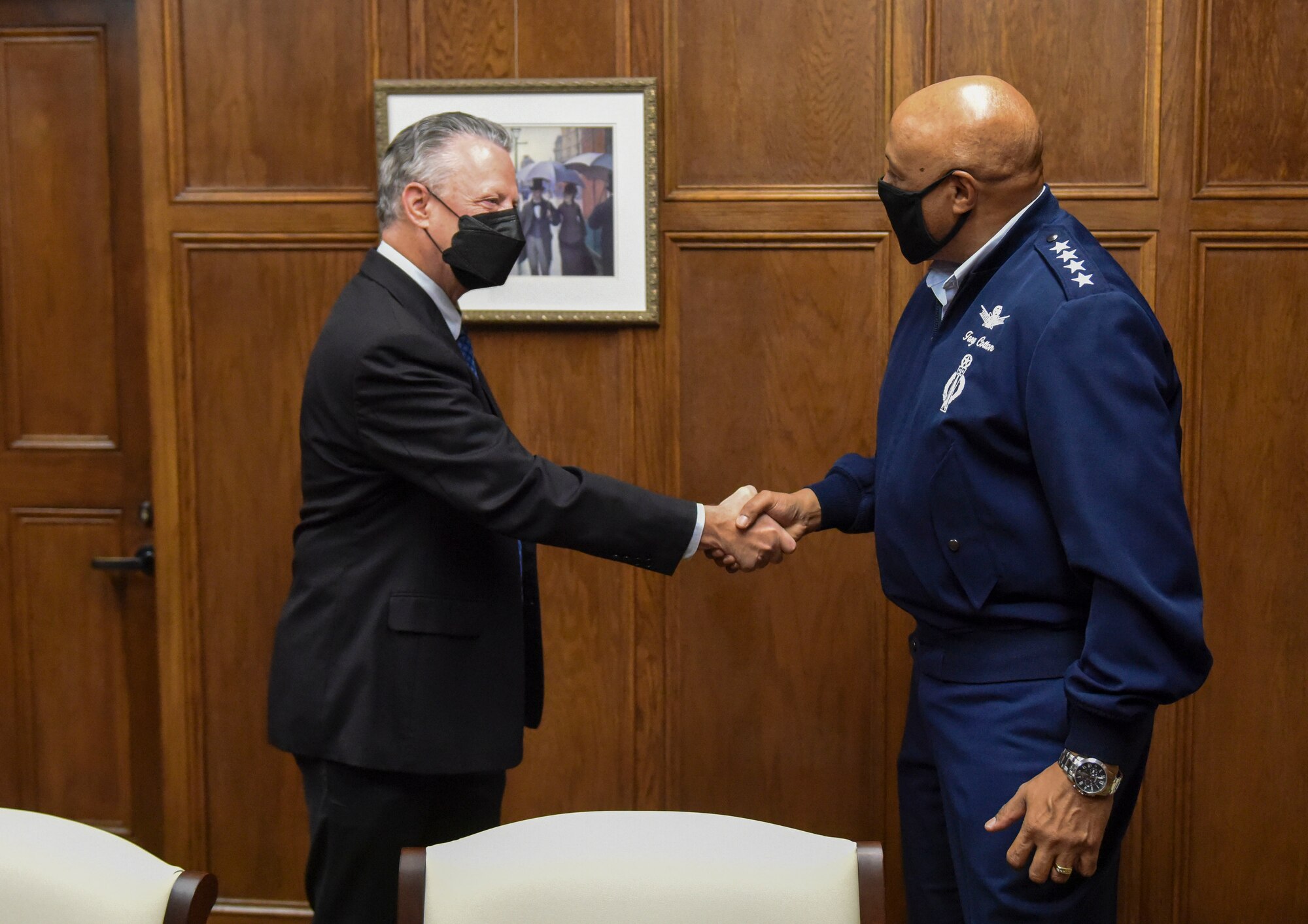 Gen. Anthony Cotton, Commander, Air Force Global Strike Command and Commander, Air Forces Strategic-Air, meets with Dr. Sam Huckaba, Dean of the College of Humanities and Social Sciences. Huckaba administratively oversees the detachment and its cadets progress within the Florida State University system. (U.S. Air Force photo by 1st Lt. Kaylin P. Hankerson)