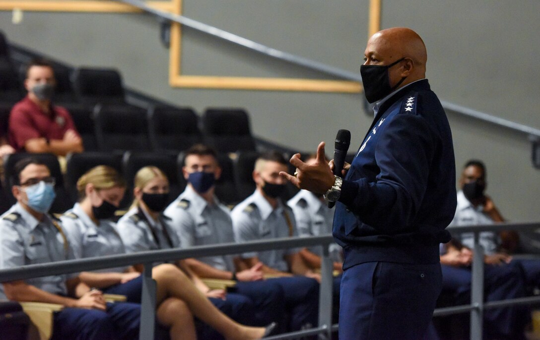 Gen. Anthony Cotton, commander, Air Force Global Strike Command and commander, Air Forces Strategic-Air, speaks to Air Force Reserve Officer Training Corps Detachment 145. Cotton visited Florida State University and spoke with the Det. 145 cadets about leadership, the AFGSC mission, and future platforms. “Of course I want everyone to be interested in joining our team, to come and take part in such a critical mission,” Cotton said. “So maybe today I can plant or water the seed for some of the Det. 145 cadets to become Strikers.” (U.S. Air Force photo by 1st Lt. Kaylin P. Hankerson)
