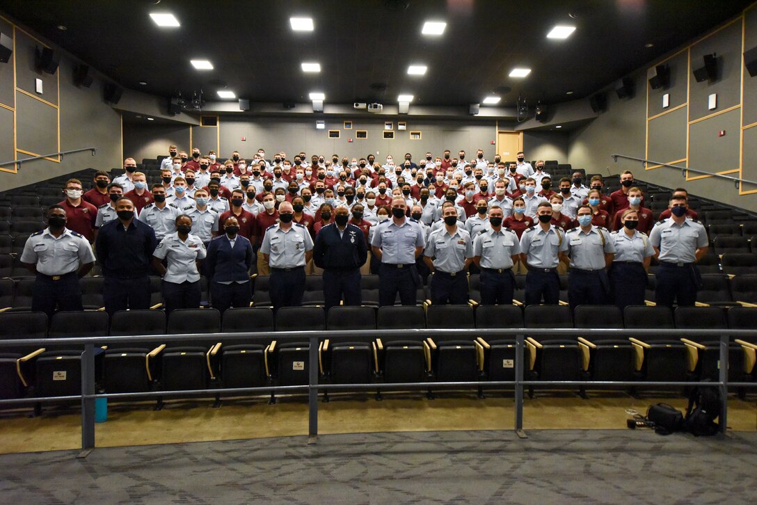 Gen. Anthony Cotton, commander, Air Force Global Strike Command and commander, Air Forces Strategic-Air, stands for a photo with the cadets and cadre of Air Force Reserve Officer Training Corps Detachment 145. Cotton visited Florida State University and spoke with the Det. 145 cadets about leadership, the AFGSC mission, and future platforms. “Of course I want everyone to be interested in joining our team, to come and take part in such a critical mission,” Cotton said. “So maybe today I can plant or water the seed for some of the Det. 145 cadets to become Strikers.” (U.S. Air Force photo by 1st Lt. Kaylin P. Hankerson)