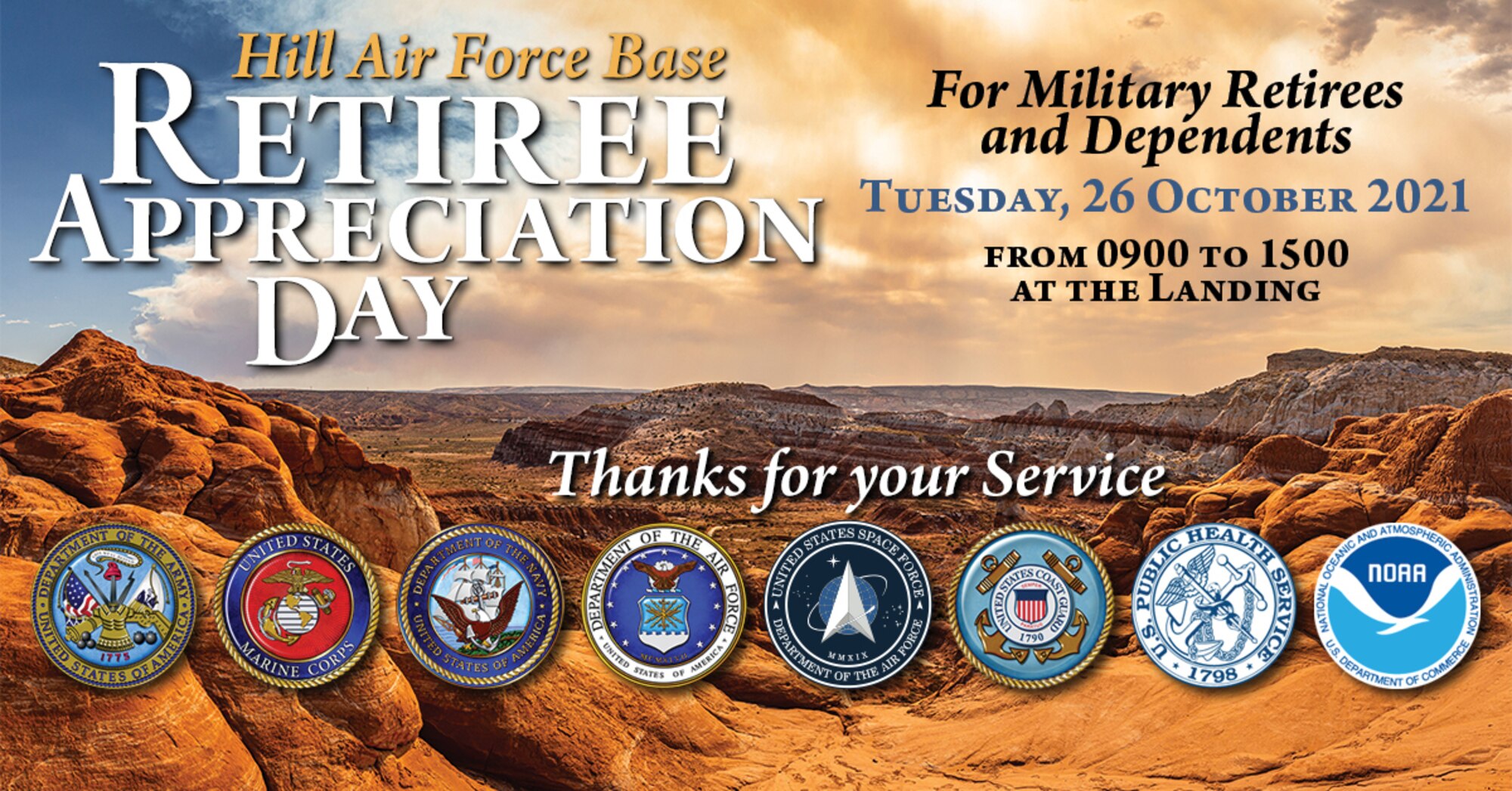 Retiree Appreciation Day graphic depicting the time, date and location of the event and each of the 8 symbols of the uniformed services.