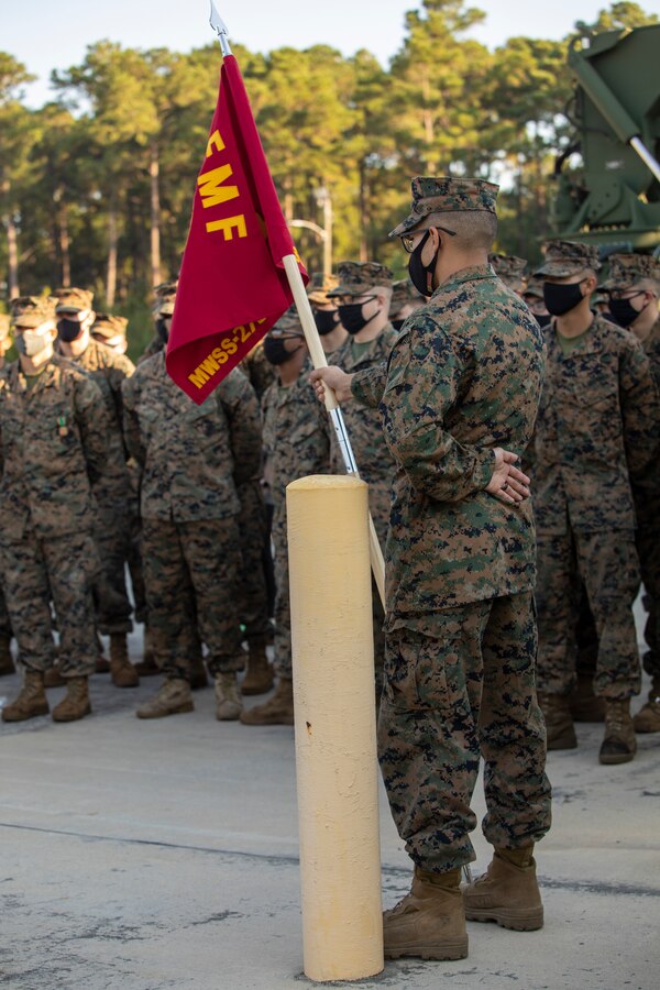 U.S. Marines with Marine Wing Support Squadron (MWSS) 273, Marine Aircraft Group (MAG) 31, Marine Corps Air Station (MCAS) Beaufort, South Carolina receive a final brief before departing in support of Operation Allies Refuge (OAR), September 29, 2021. MWSS-273 traveled to support OAR at Fort Pickett, Virginia. (U.S. Marine Corps Photo by Cpl. Aidan Parker)