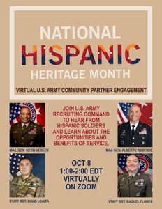 Graphic depicting National Hispanic Heritage Month. 4 portraits of Army personnel.
