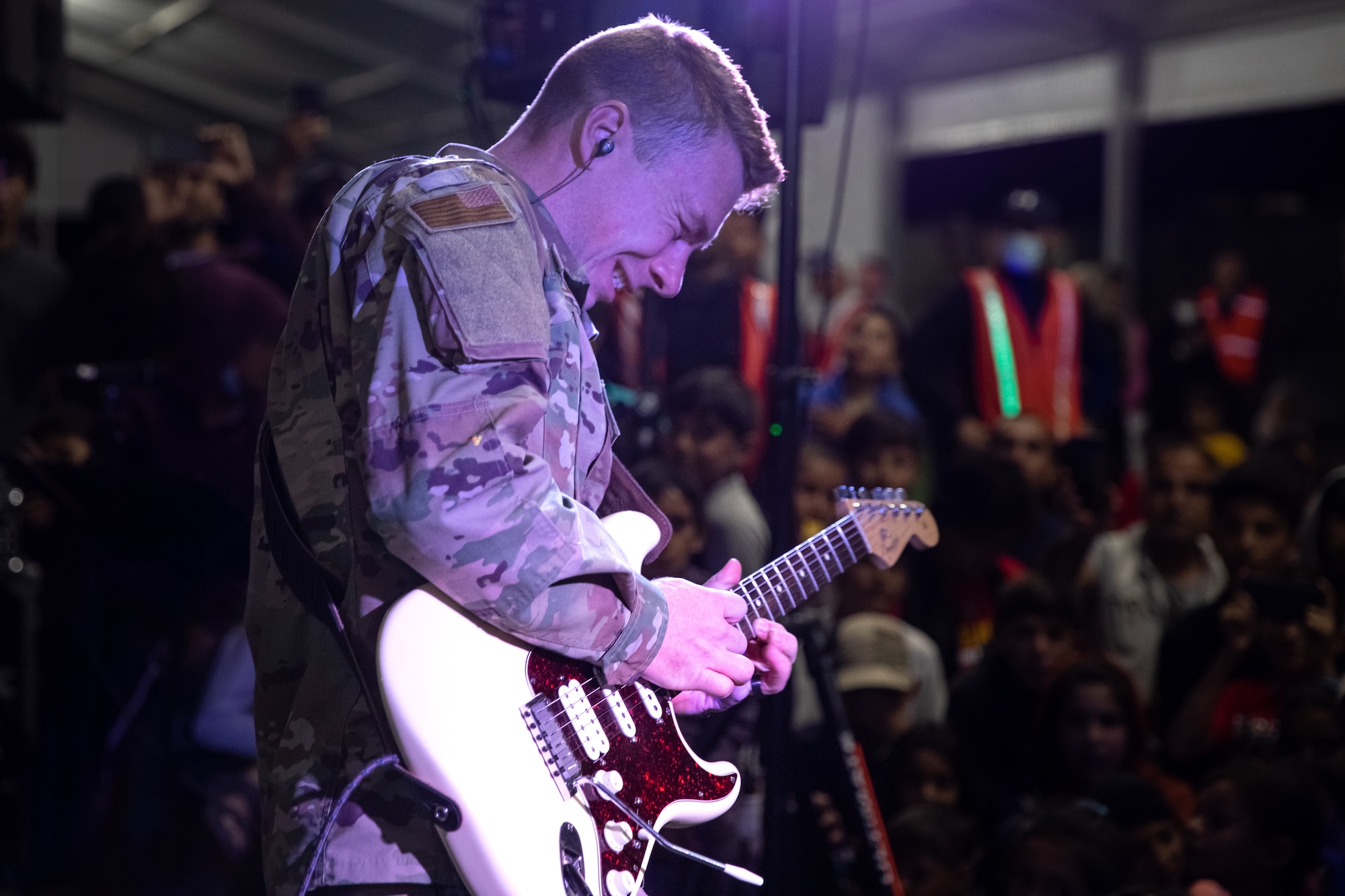 Delta Blue from the U.S. Air Force Academy, performs at Aman Omid Village for Afghan evacuees on Holloman Air Force Base, New Mexico, Oct. 13, 2021. The Department of Defense, through the U.S. Northern Command, and in support of the Department of State and Department of Homeland Security, is providing transportation, temporary housing, medical screening, and general support for at least 50,000 Afghan evacuees at suitable facilities, in permanent or temporary structures, as quickly as possible. This initiative provides Afghan evacuees essential support at secure locations outside Afghanistan. (U.S. Army photo by Spc. Nicholas Goodman)
