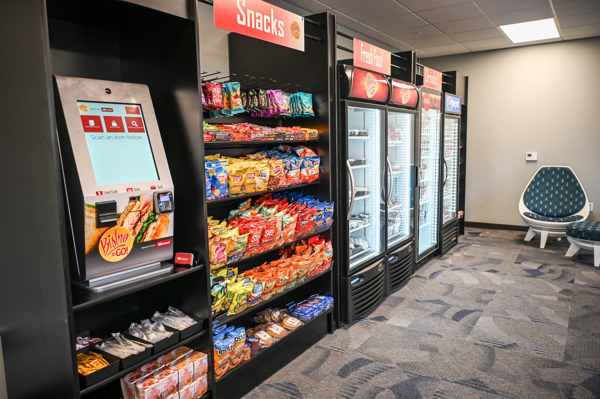 A new "Bistro-to-Go" Micro Market located in a software support facility in building 2721 at Hill Air Force Base, Utah opened Oct. 14, 2021. The self-service store offers a variety of food and drinks in the building's common area.