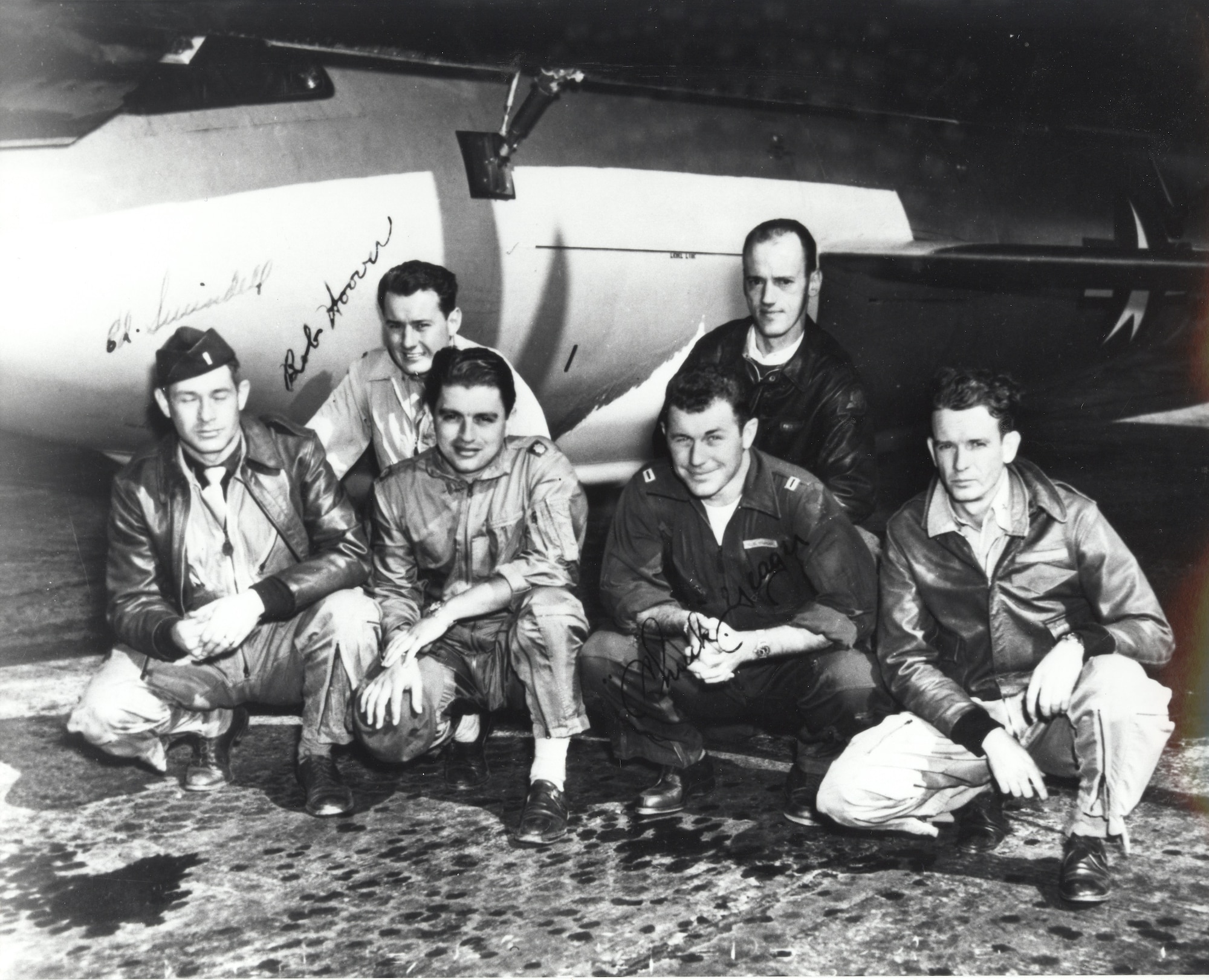 The Bell X-1 team pose for a group photo: (from left to right) Ed Swindell, Robert Cardenas, Bob Hoover, Chuck Yeager, Dick Frost, Jack Ridley, at Edwards Air Force Base, California. (Photo courtesy of Air Force Test Center History Office)